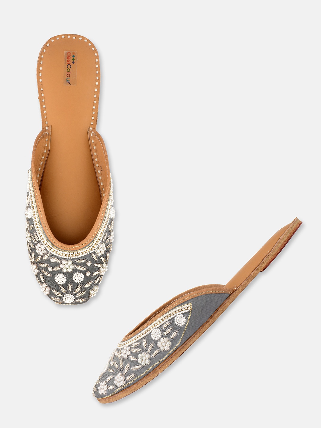 

DESI COLOUR Women Grey Embellished Leather Ethnic Mules Flats