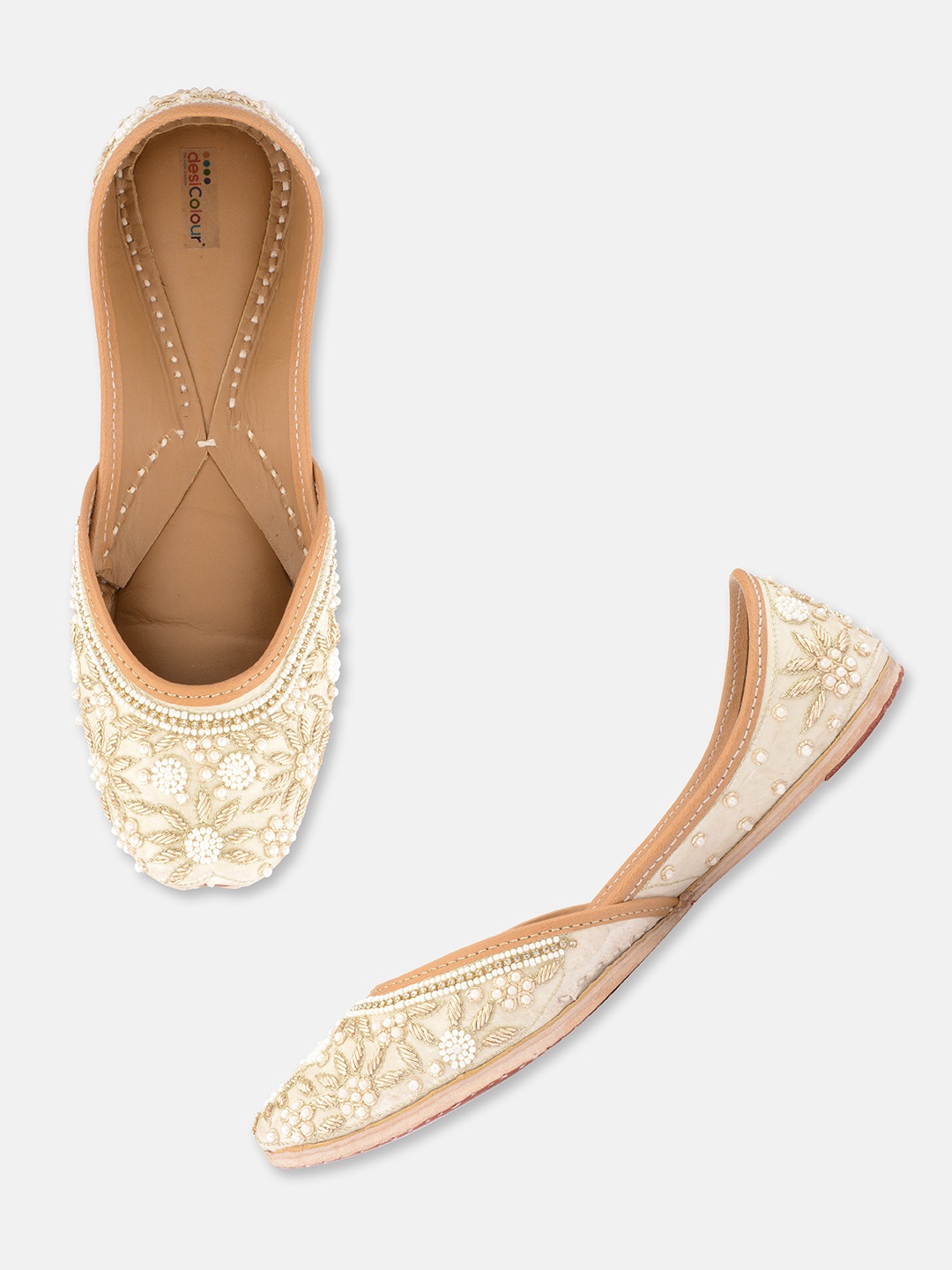 

DESI COLOUR Women Off White Embellished Leather Ethnic Mojaris Flats