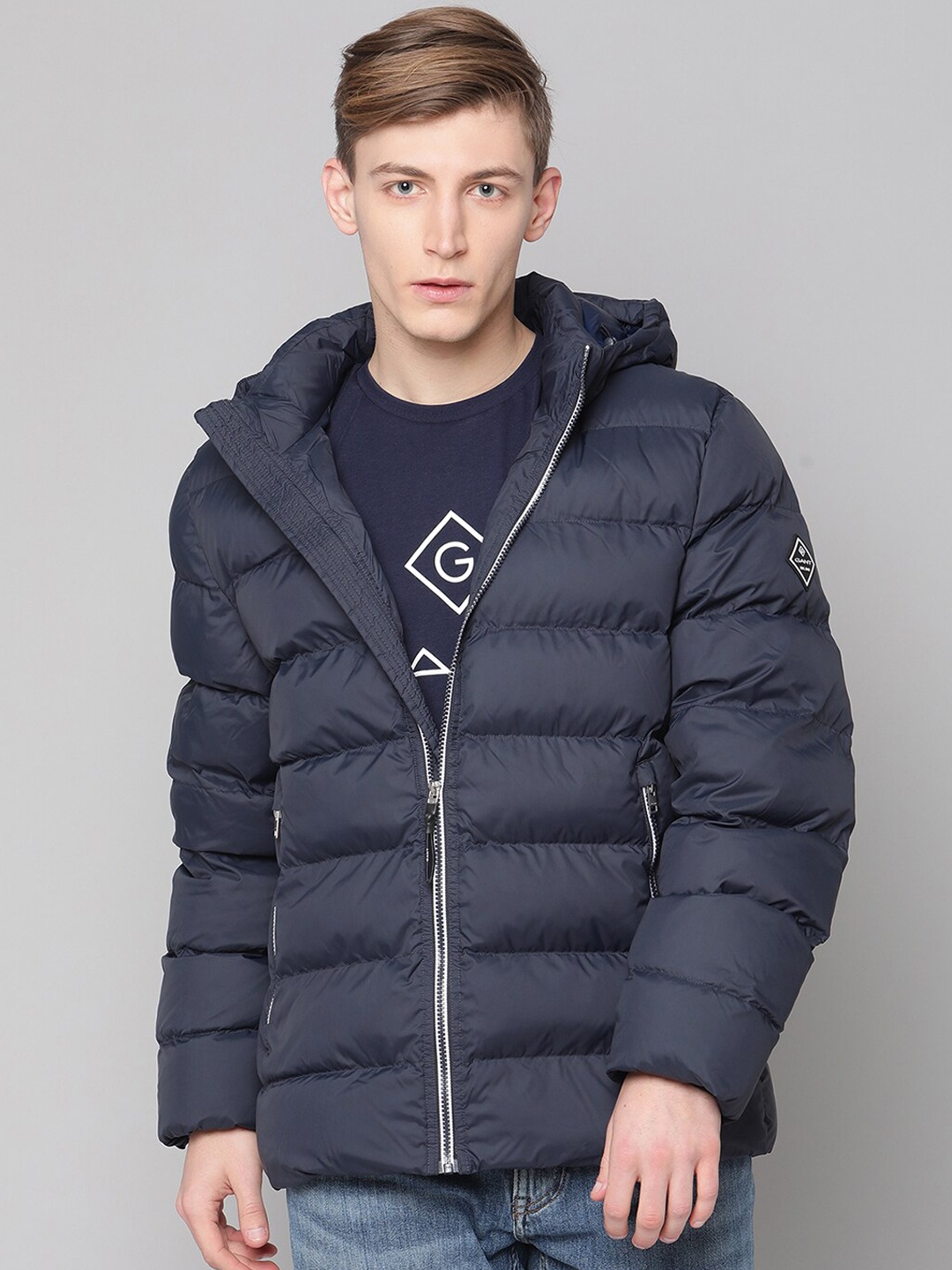 

GANT Men Navy Blue Solid Hooded Puffer Jacket