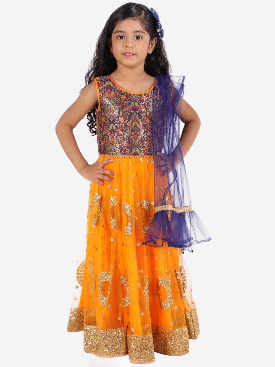 

KID1 Girls Yellow & Blue Embroidered Ready to Wear Lehenga & Blouse With Dupatta