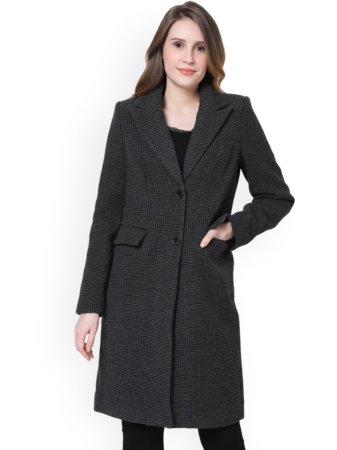 

Vero Moda Women Charcoal Grey Checked Overcoat