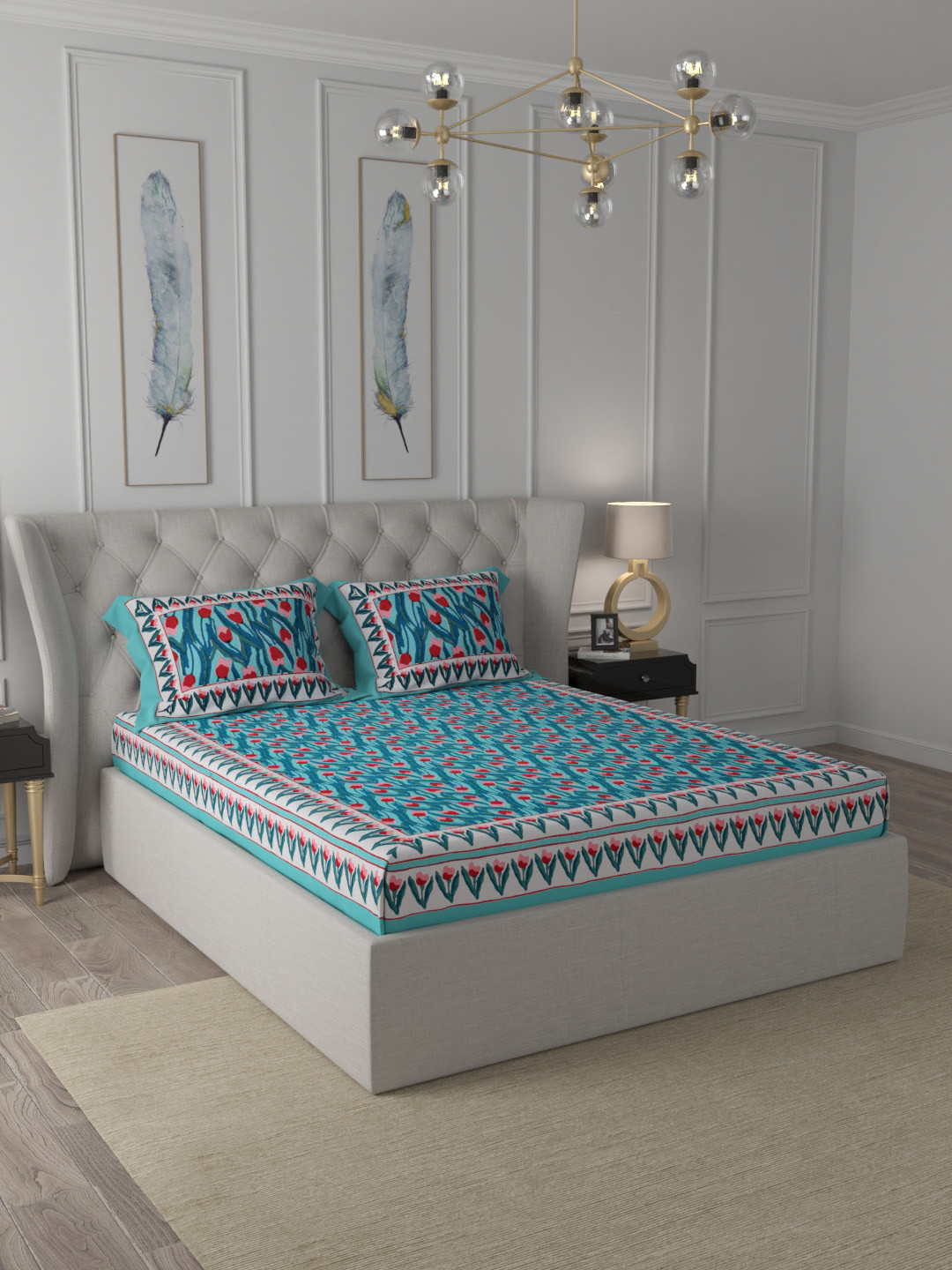 

INDISTORI Blue & White Ethnic Motifs 300 TC King Bedsheet with 2 Pillow Covers