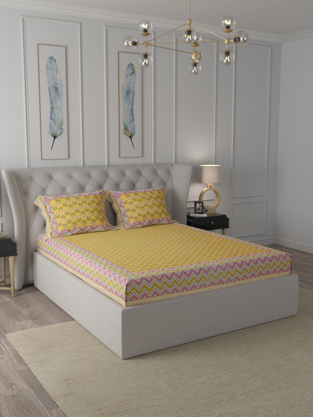 

INDISTORI Yellow & Green Ethnic Motifs 300 TC King Bedsheet with 2 Pillow Covers