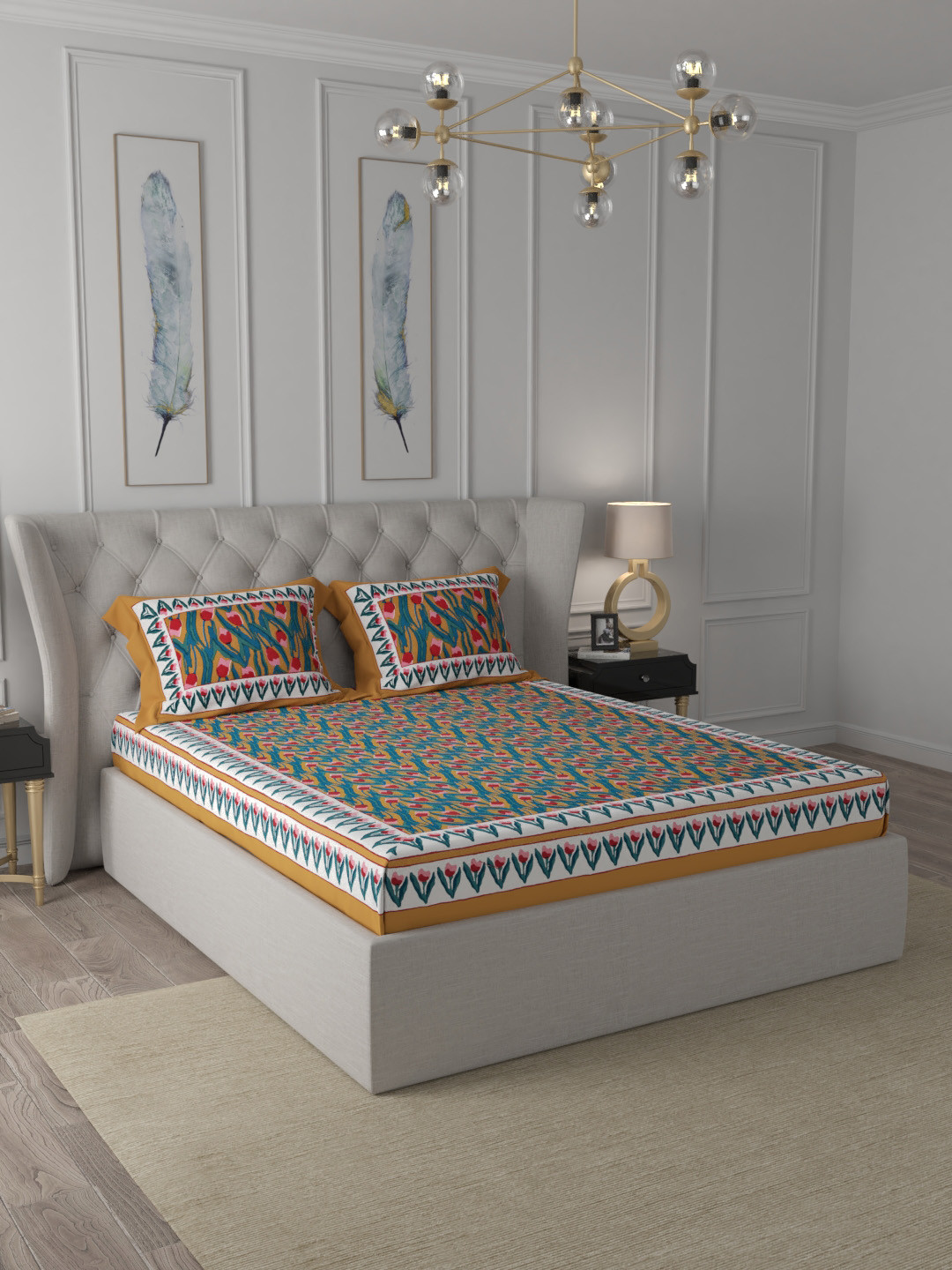 

INDISTORI Blue & Red Ethnic Motifs Pure Cotton 300 TC King Bedsheet with 2 Pillow Covers