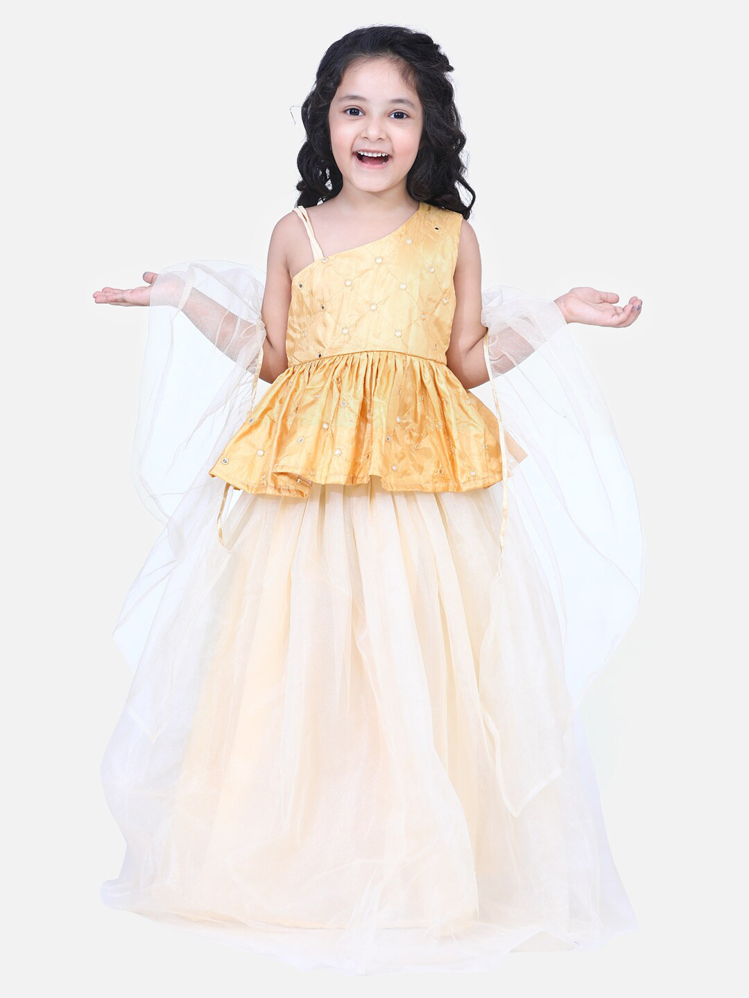 

Samsara Couture Girls Gold-Toned & Pink Embroidered Beads and Stones Ready to Wear Lehenga & Blouse With