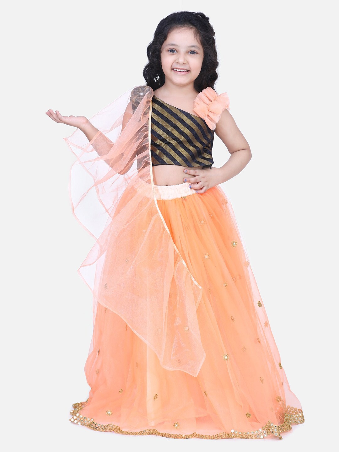 

Samsara Couture Girls Peach-Coloured & Black Embroidered Beads and Stones Ready to Wear Lehenga & Blouse