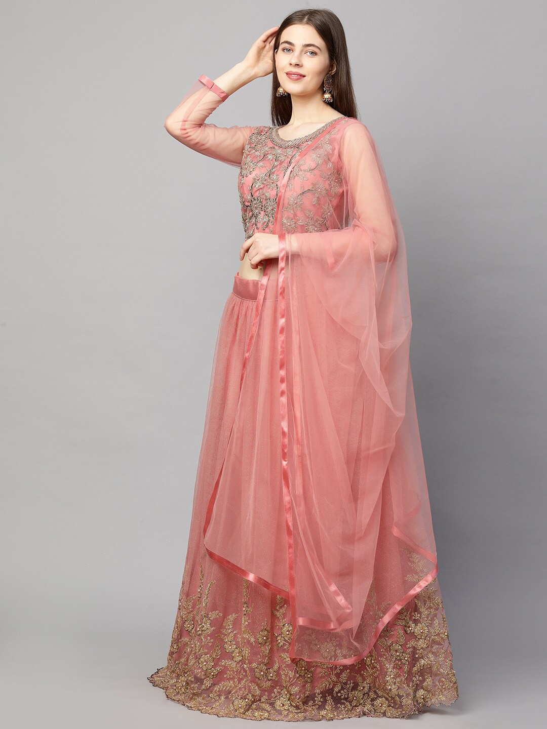 

RedRound Pink & Gold-Toned Embroidered Semi-Stitched Lehenga & Unstitched Blouse With