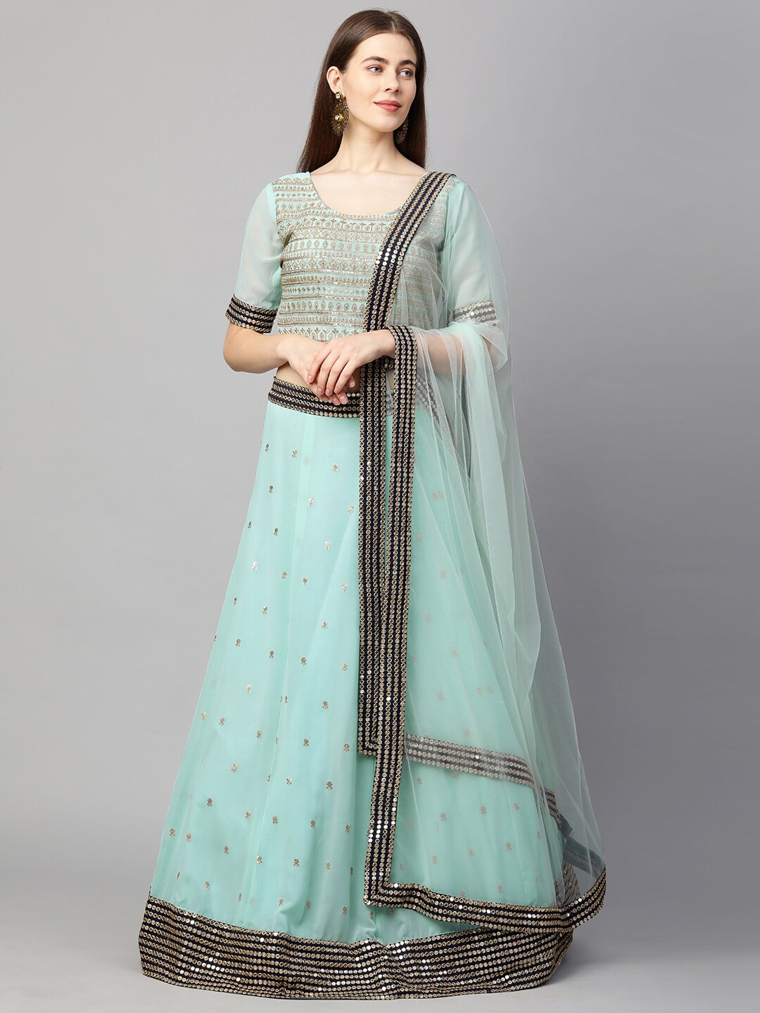 

RedRound Blue & Silver-Toned Embroidered Sequinned Semi-Stitched Lehenga & Unstitched Blouse With Dupatta