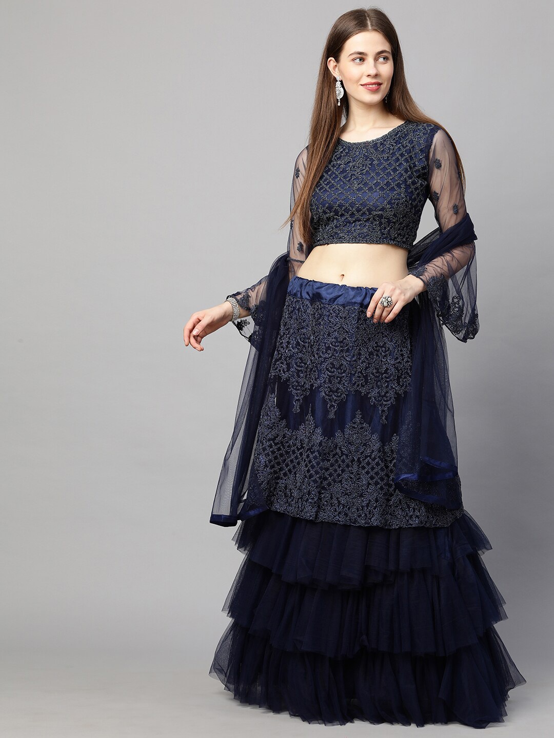 

RedRound Navy Blue Embroidered Semi-Stitched Lehenga & Unstitched Blouse With Dupatta