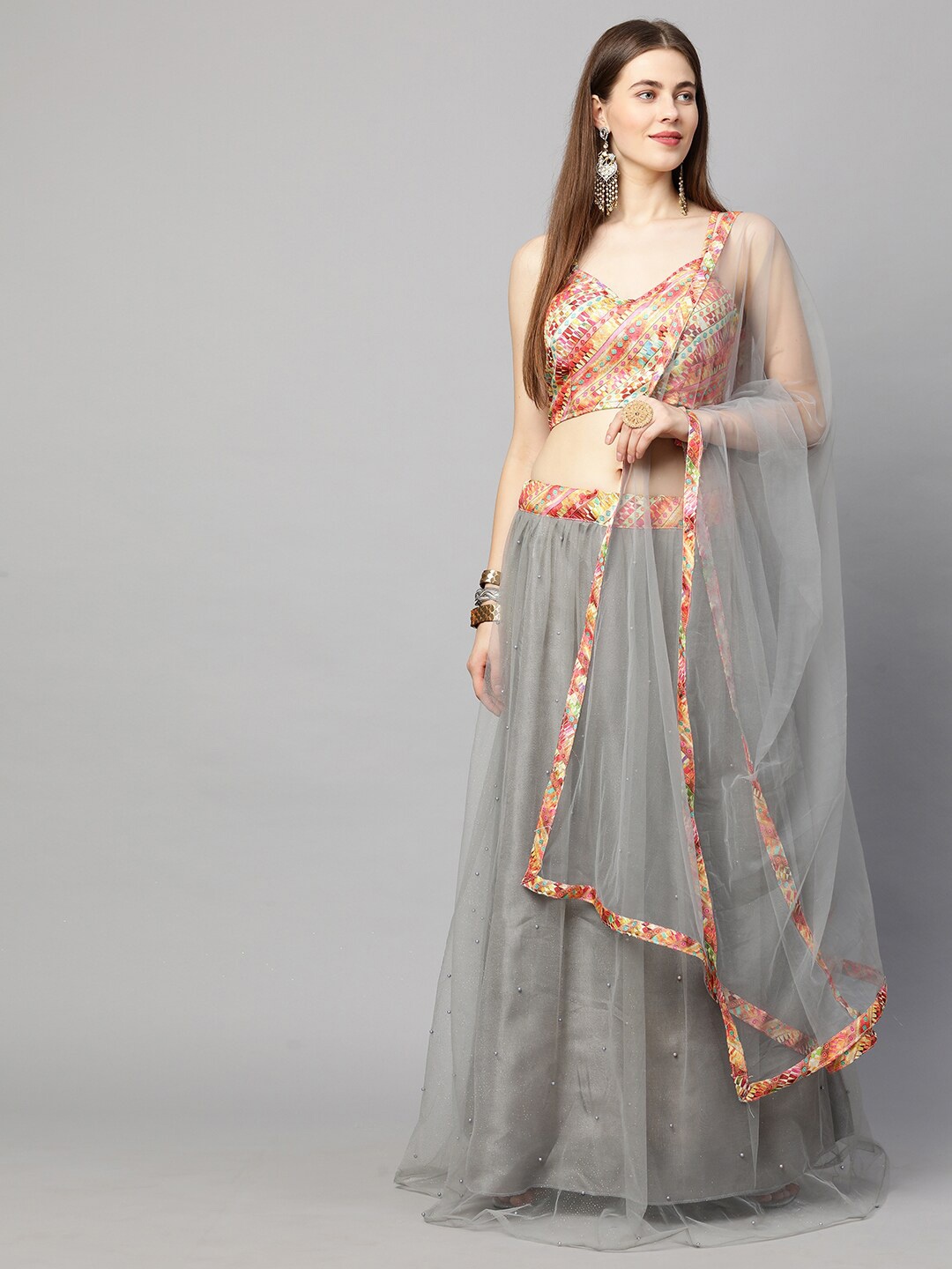 

RedRound Grey & Red Embroidered Semi-Stitched Lehenga & Unstitched Blouse With Dupatta