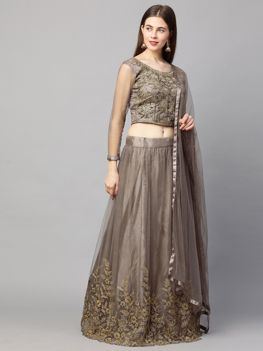 

RedRound Brown & Gold-Toned Semi-Stitched Lehenga & Unstitched Blouse With Dupatta