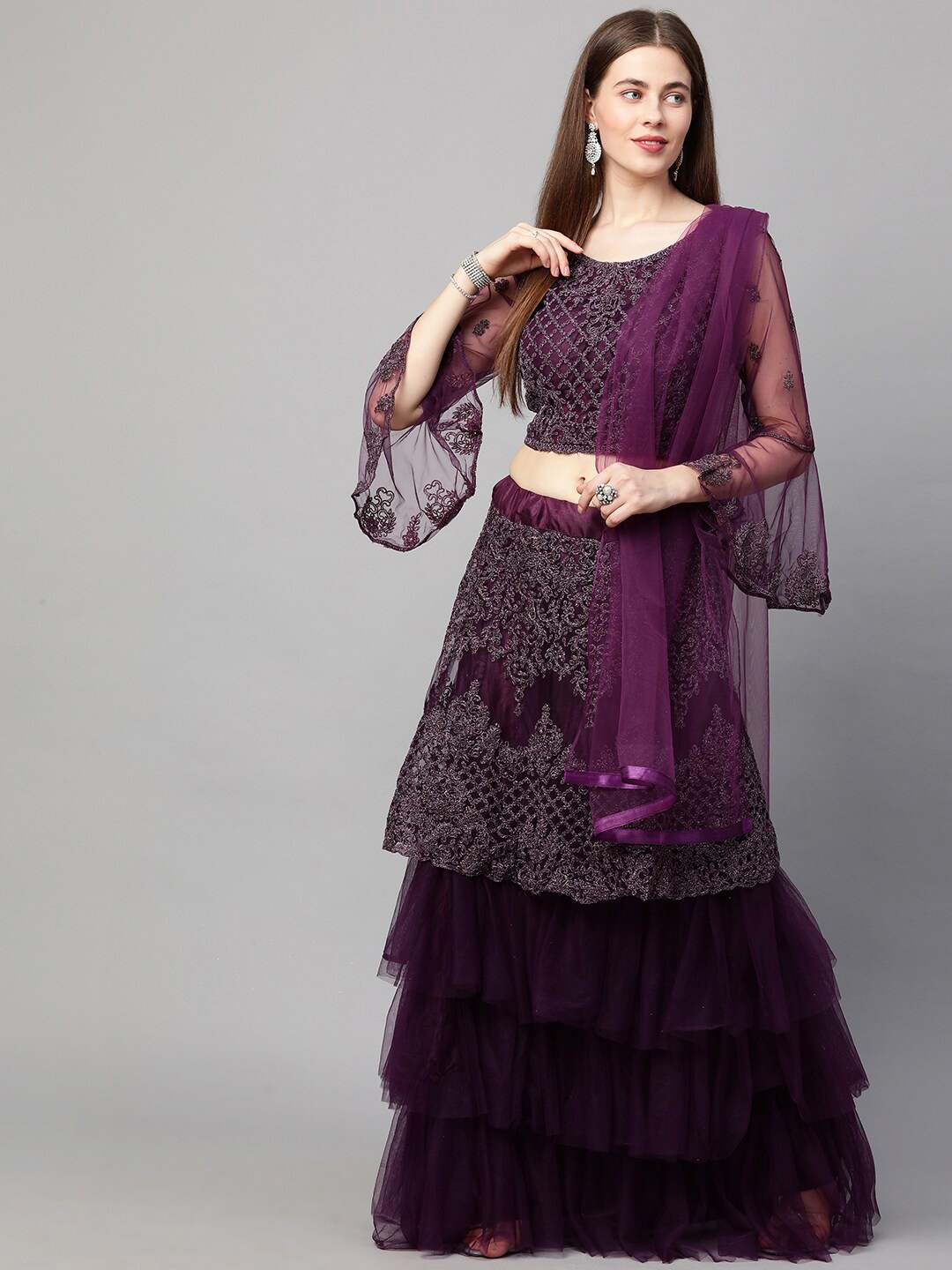 

RedRound Purple Embroidered Semi-Stitched Lehenga & Unstitched Blouse With Dupatta