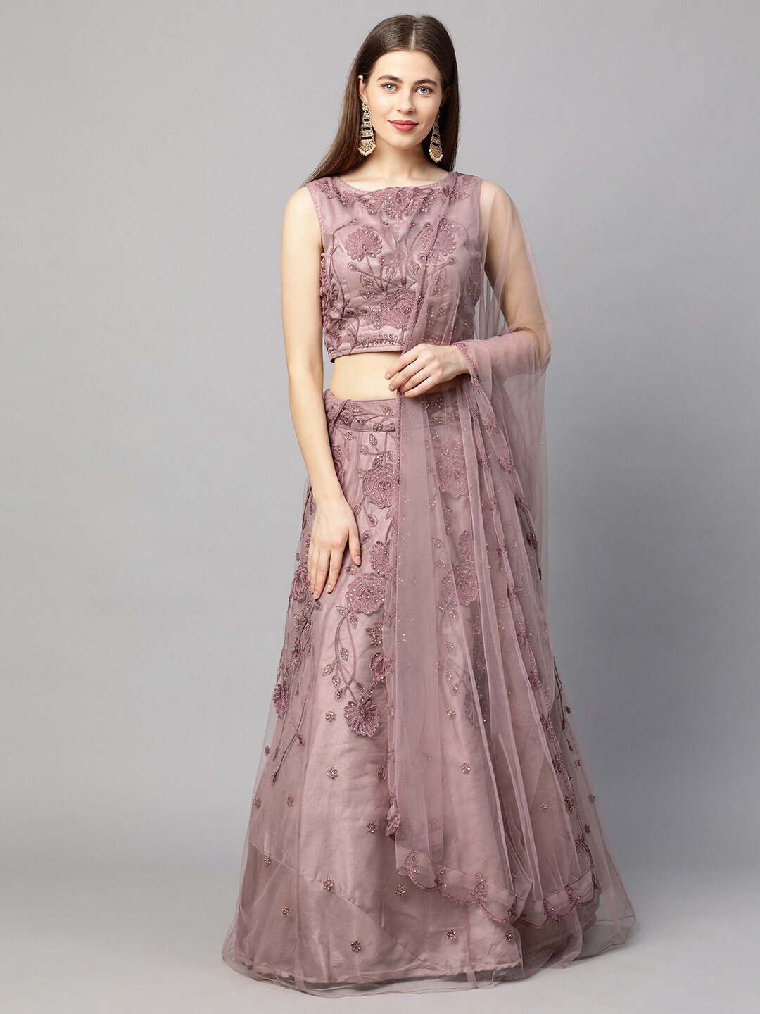 

RedRound Pink Embroidered Beads and Stones Semi-Stitched Lehenga & Unstitched Blouse With Dupatta