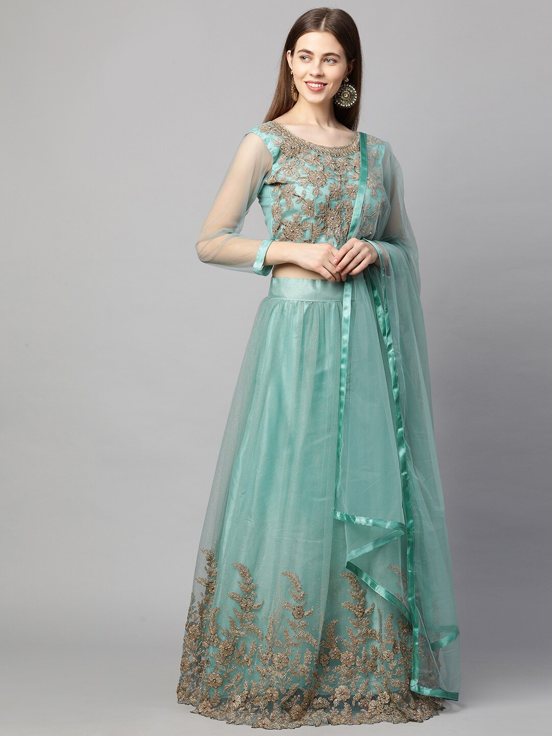 

RedRound Blue & Beige Embroidered Beads and Stones Semi-Stitched Lehenga & Unstitched Blouse With Dupatta