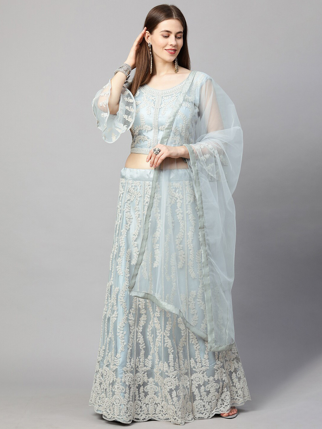 

RedRound Grey & White Embroidered Thread Work Semi-Stitched Lehenga & Unstitched Blouse With Dupatta