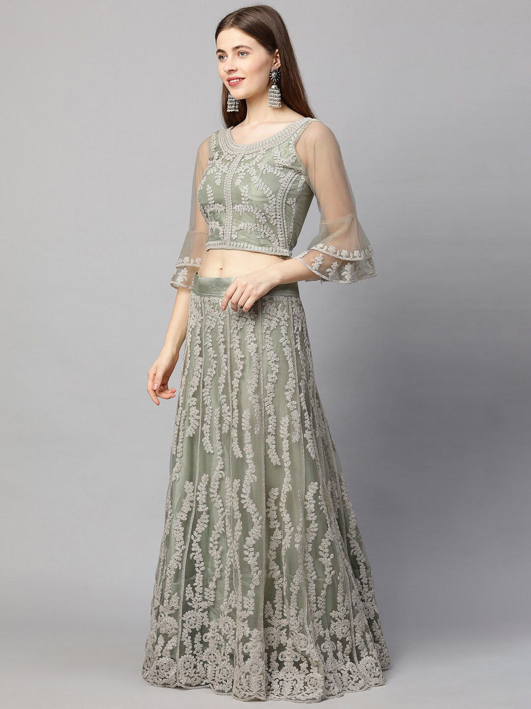 

RedRound Green Embroidered Thread Work Semi-Stitched Lehenga & Unstitched Blouse With Dupatta