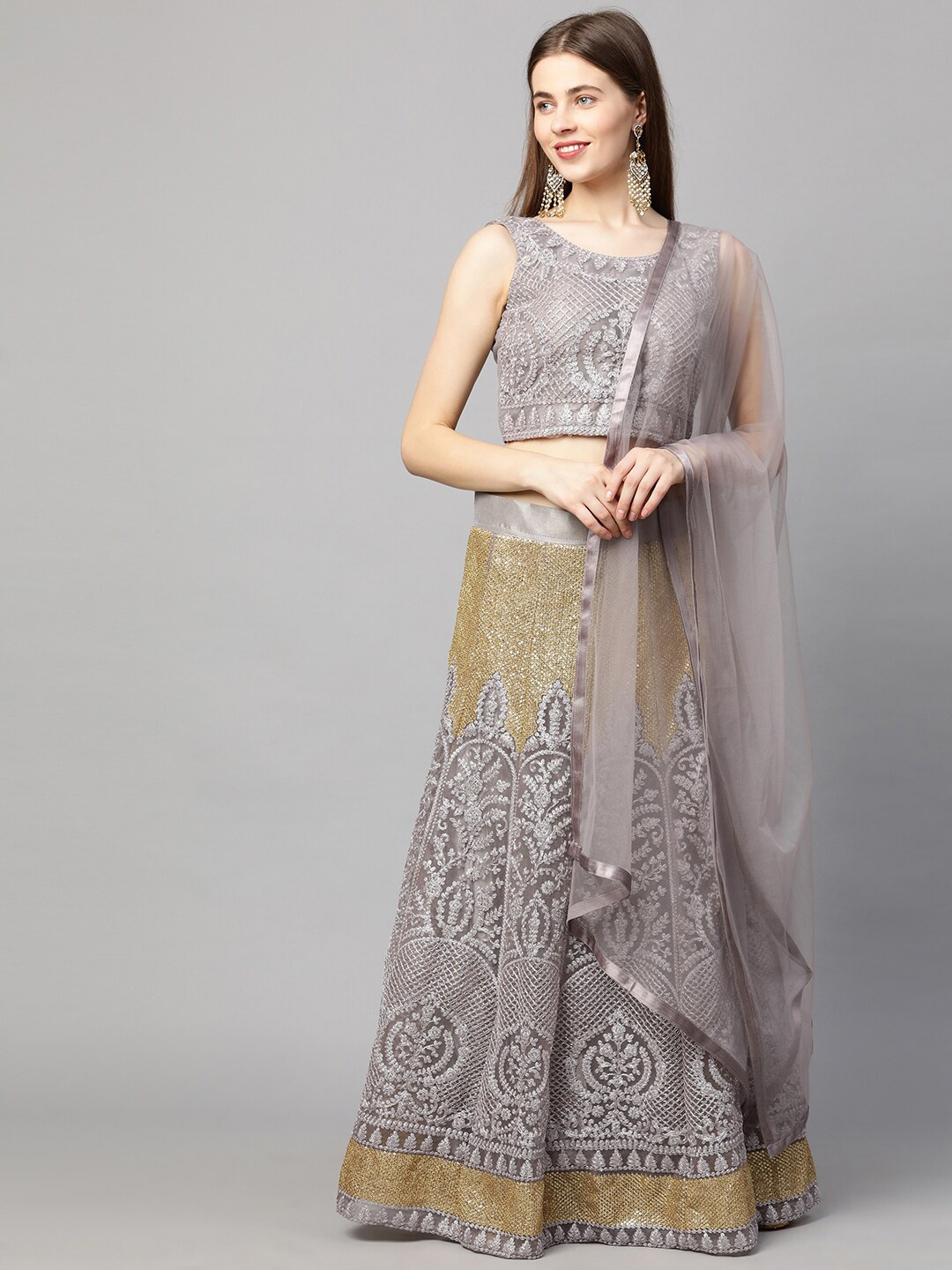 

RedRound Grey & Gold-Toned Embroidered Thread Work Semi-Stitched Lehenga & Unstitched Blouse With Dupatta