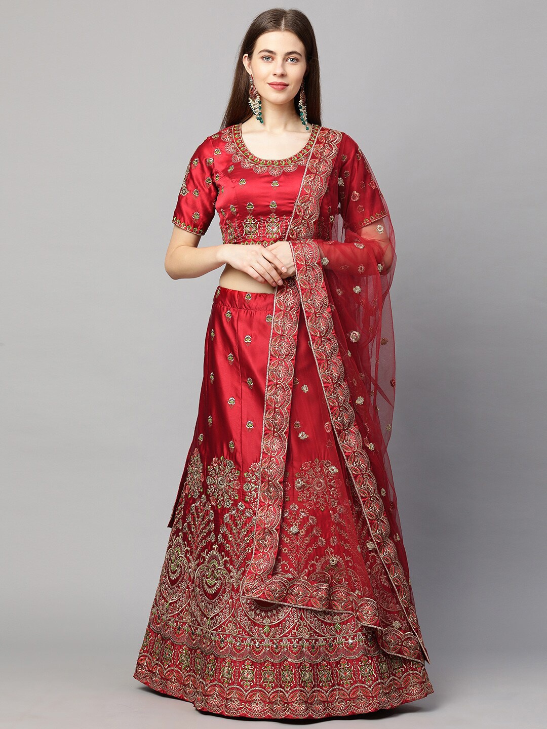 

RedRound Red & Gold Thread Work Semi-Stitched Lehenga & Unstitched Blouse With Dupatta
