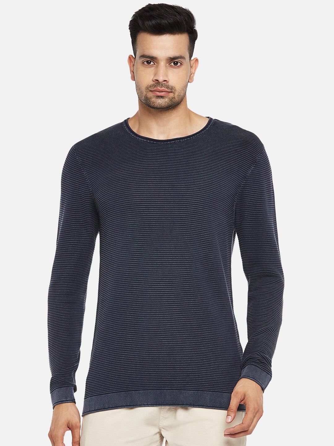 

BYFORD by Pantaloons Men Blue Cotton Striped Pullover