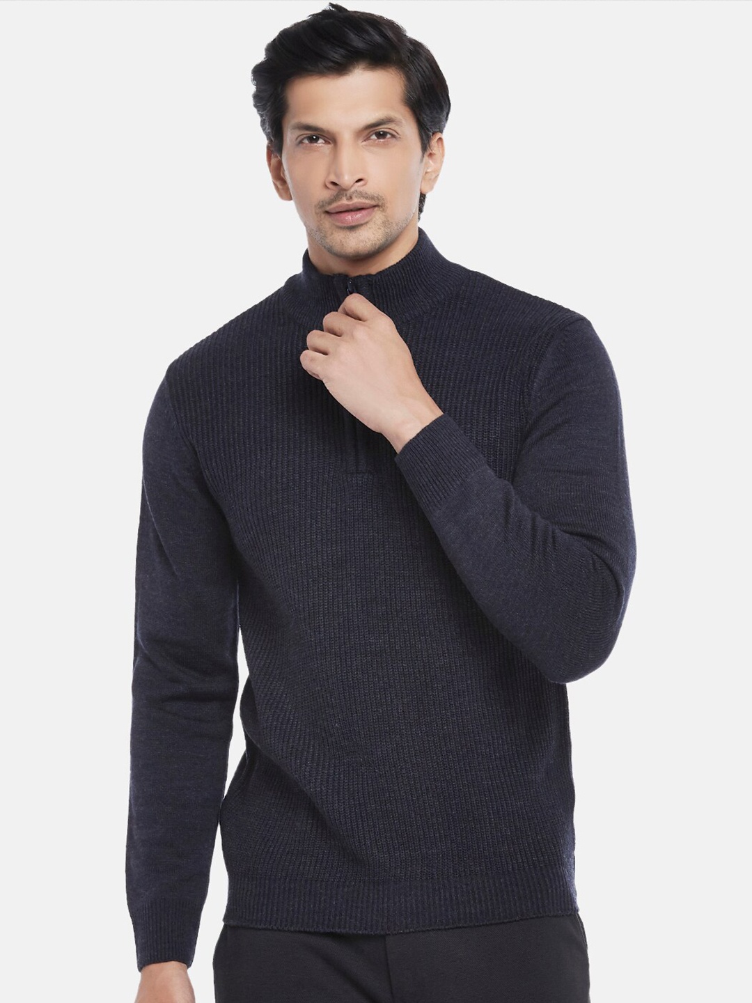 

BYFORD by Pantaloons Men Navy Blue Ribbed Acrylic Pullover