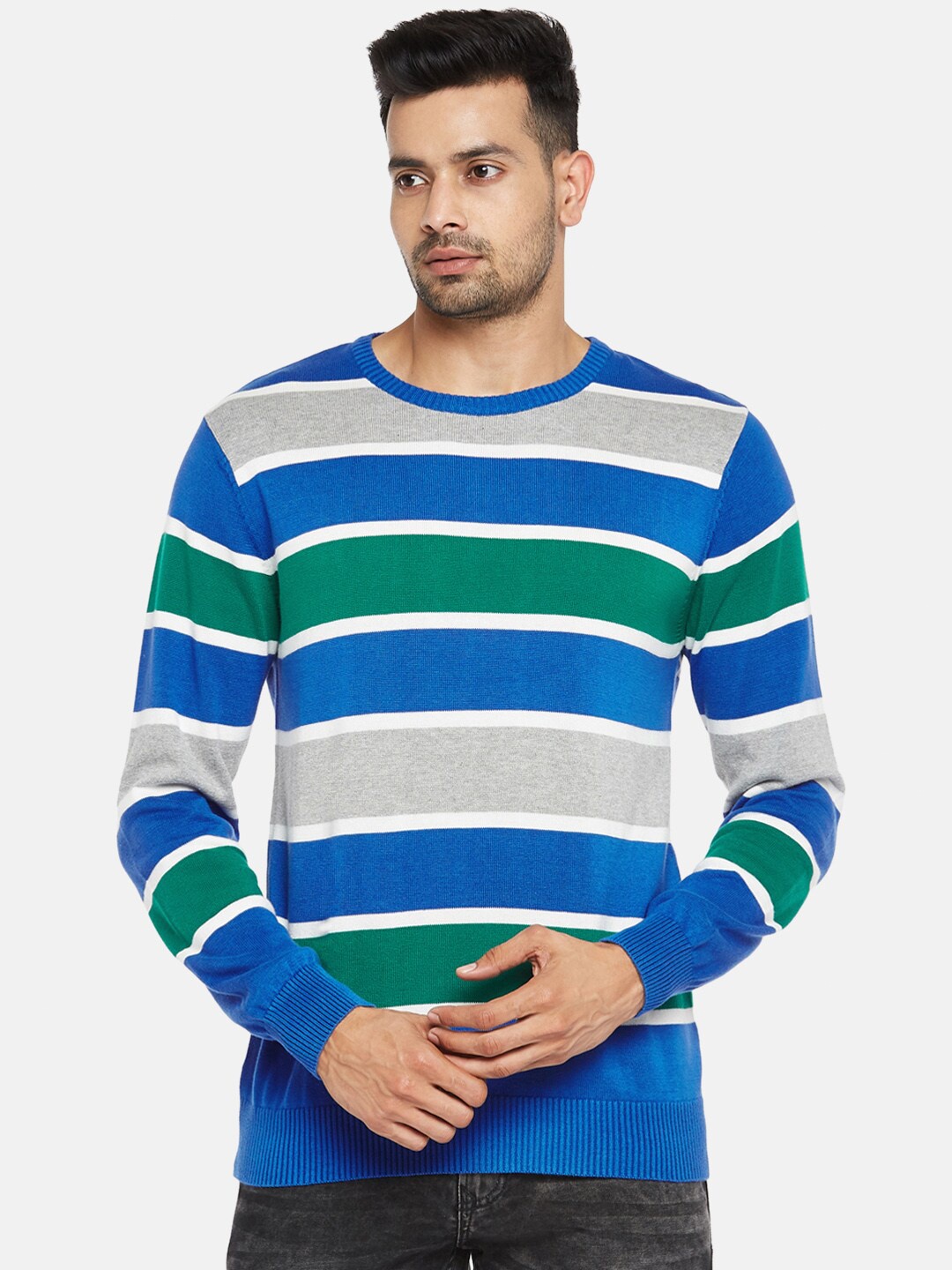 

BYFORD by Pantaloons Men Blue & Grey Striped Pullover