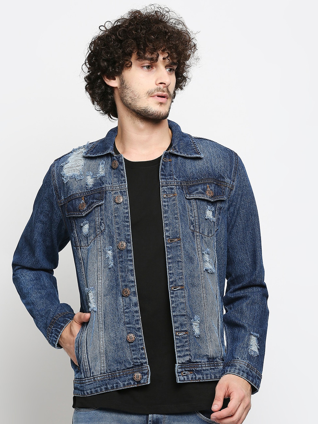 

High Star Men Blue Washed Denim Jacket with Patchwork