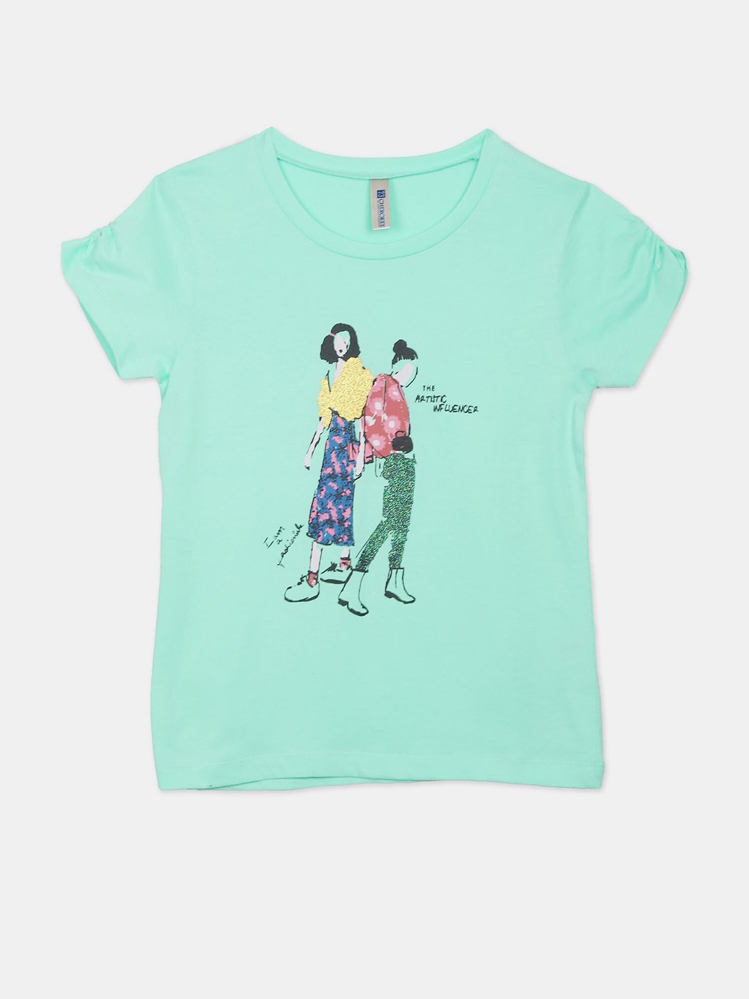 

Cherokee Girls Green Typography Printed Applique T-shirt