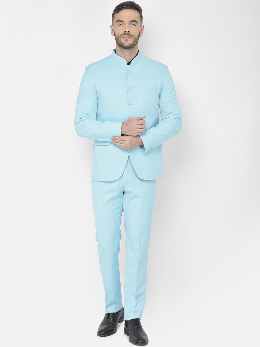 

SG RAJASAHAB Men Turquoise Blue Solid Bandhgala Two-Piece Formal Suit