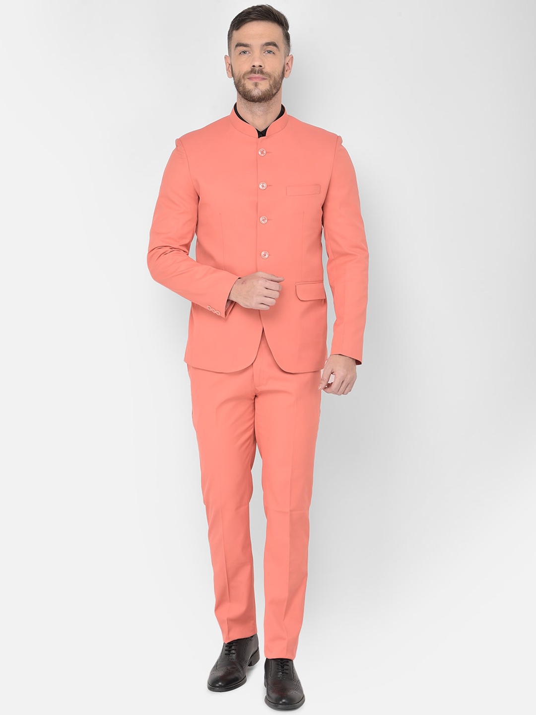 

SG RAJASAHAB Men Peach-Coloured Solid Bandhgala 2-Piece Casual Suit