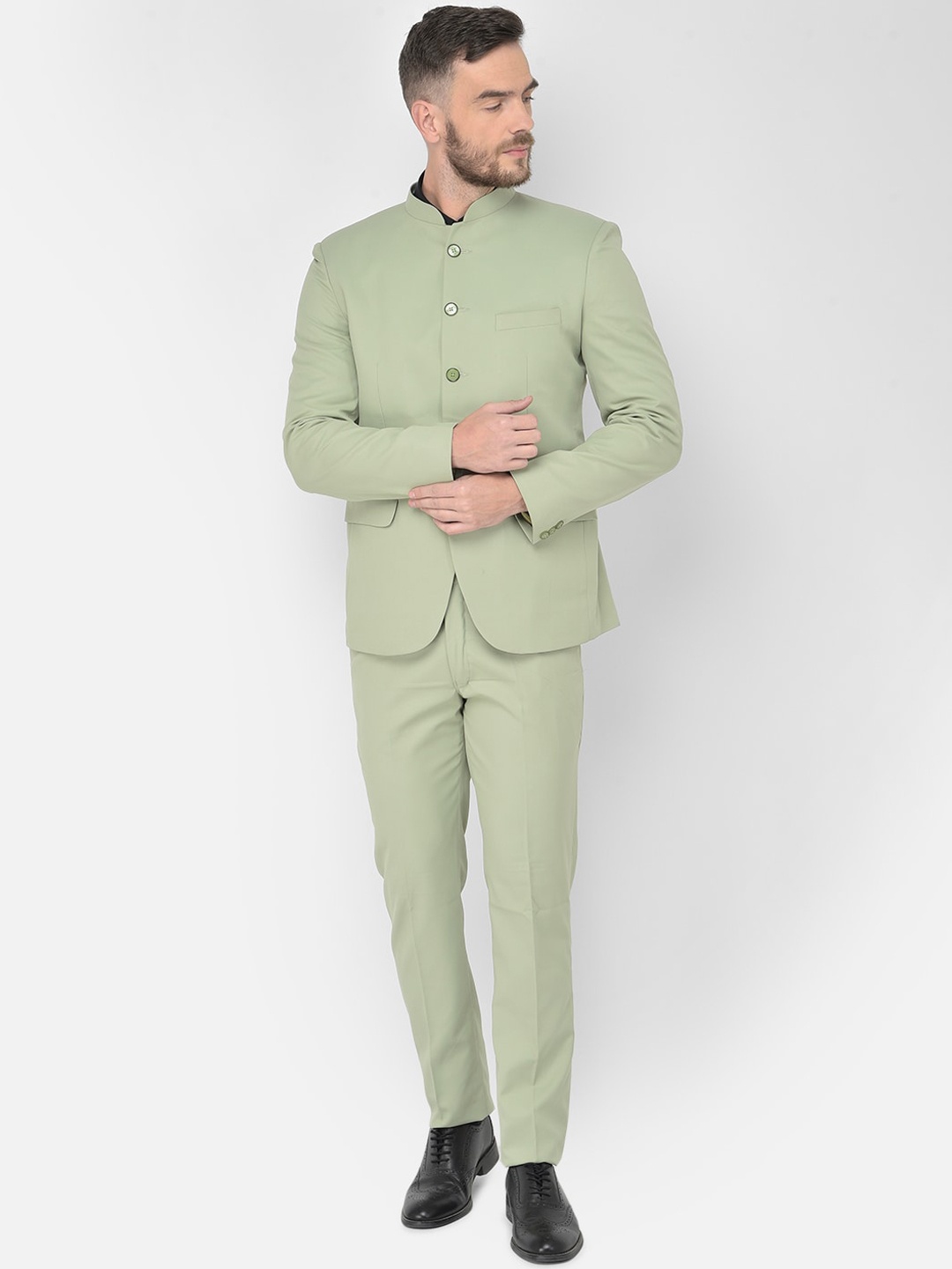 

SG RAJASAHAB Men Green Solid Bandhgala 2-Piece Formal Suit