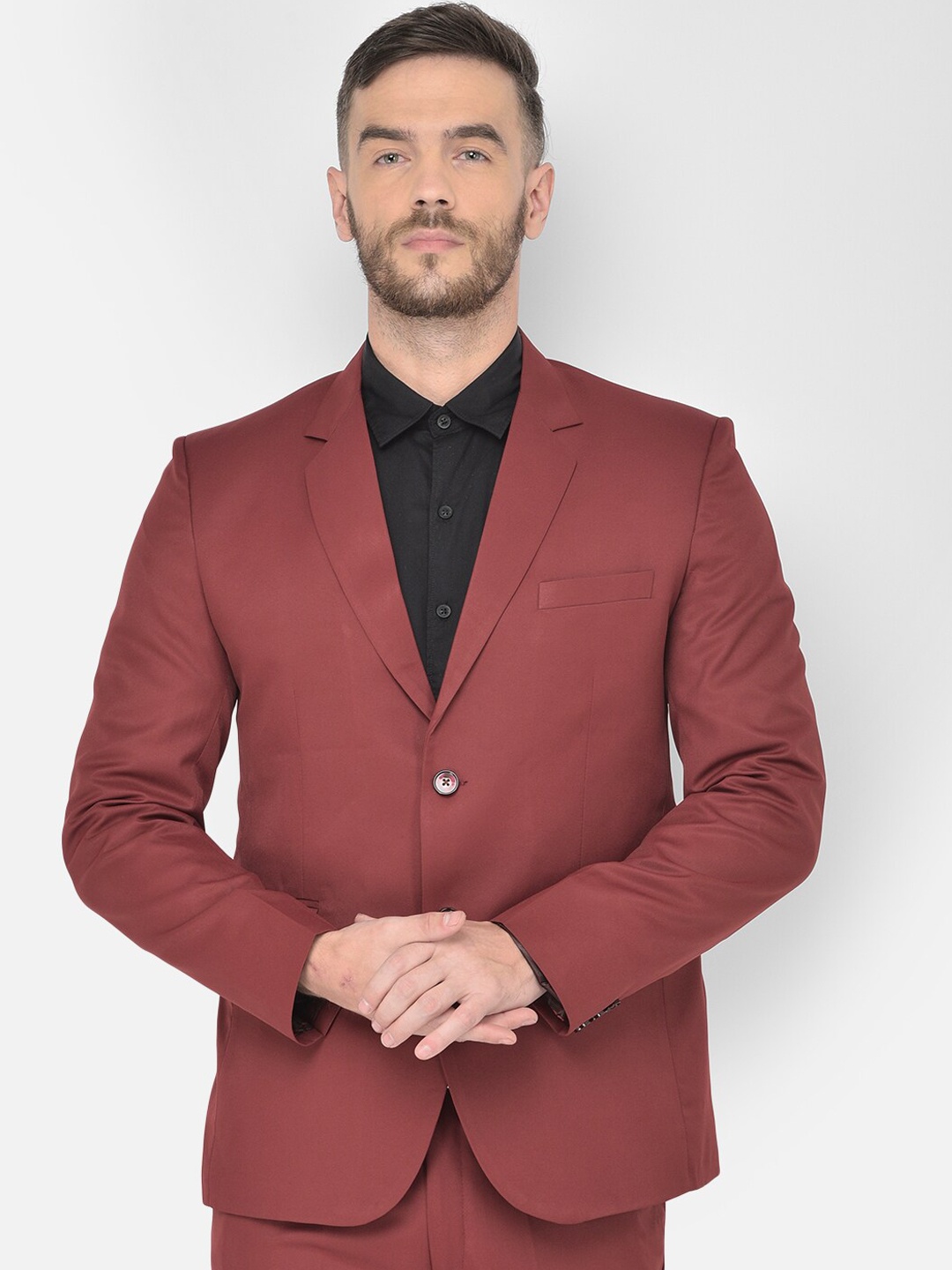 

SG RAJASAHAB Men Maroon Solid Single-Breasted Blazer