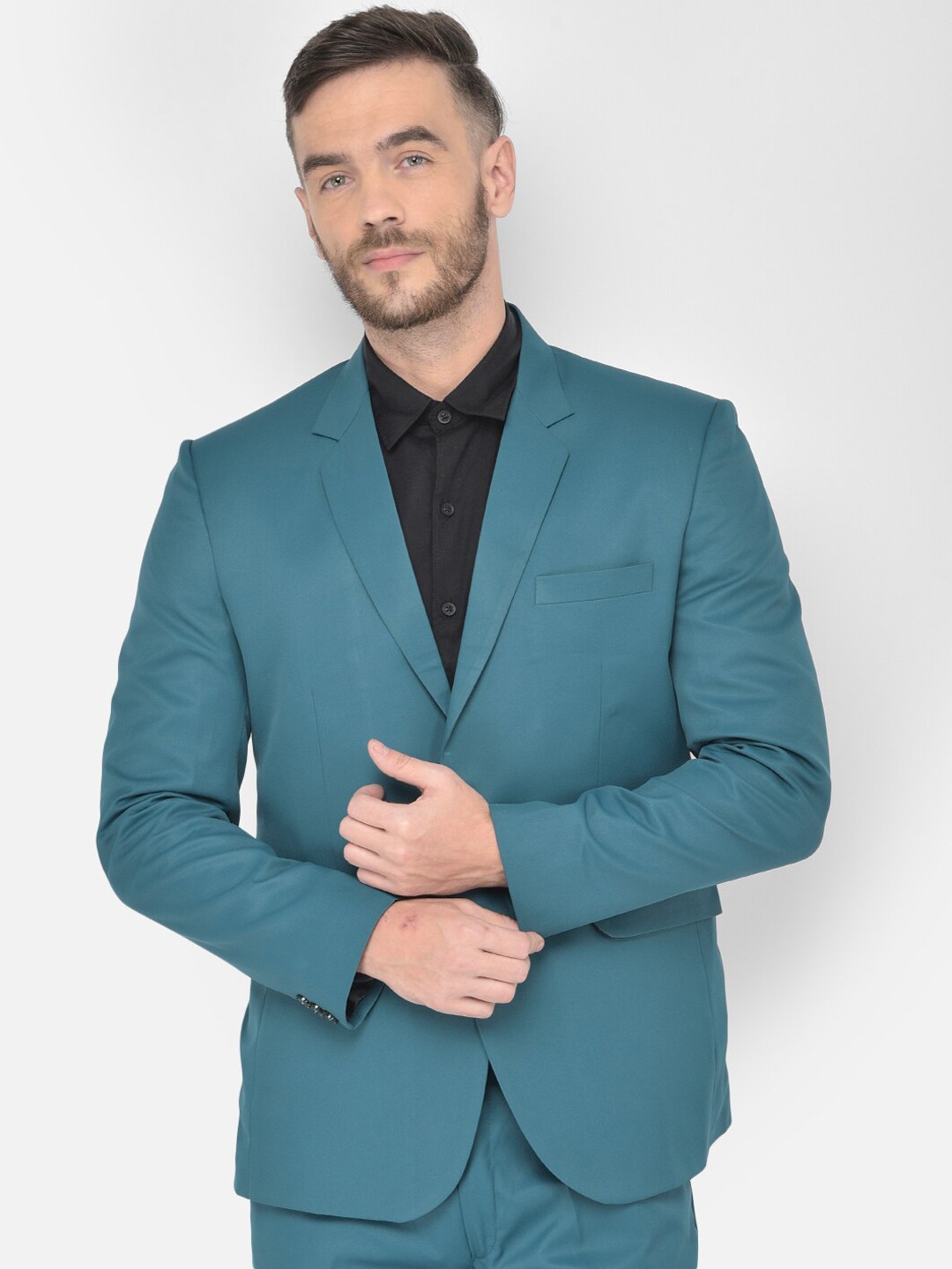 

SG RAJASAHAB Men Teal-Blue Solid Single-Breasted Formal Blazer