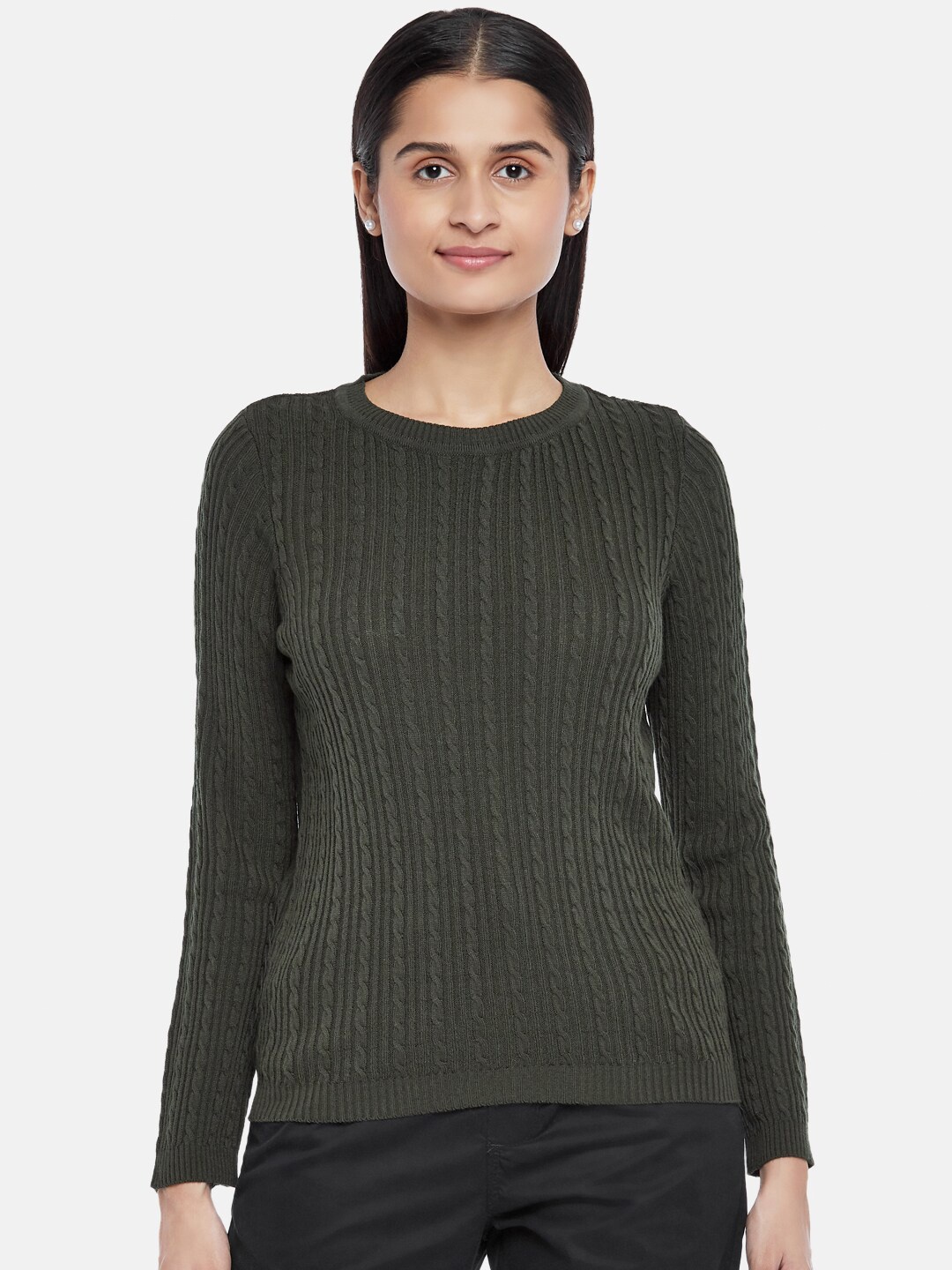 

Honey by Pantaloons Women Olive Green Cotton Cable Knit Pullover