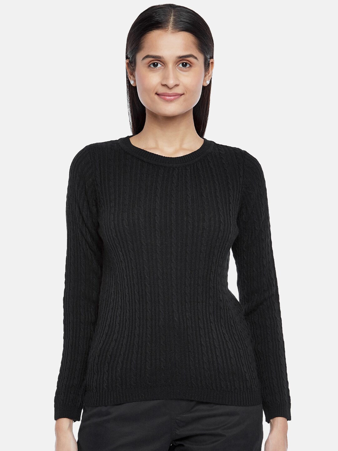 

Honey by Pantaloons Women Black Cable Knit Striped Pullover