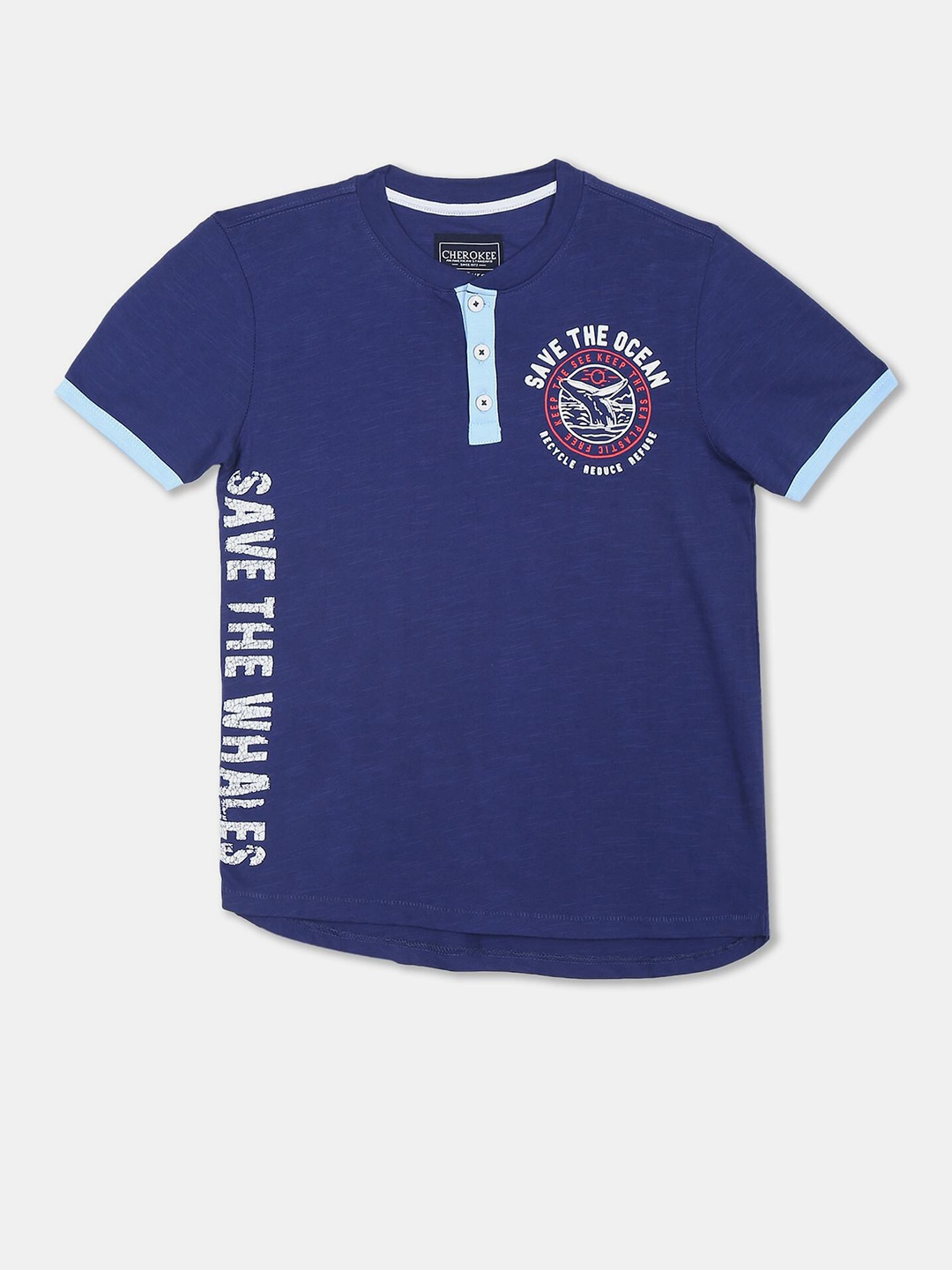 

Cherokee Boys Blue Typography Printed Henley Neck Applique T-shirt