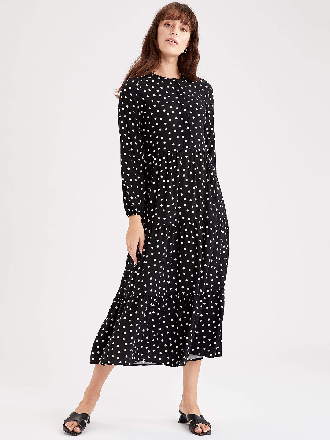 

DeFacto Black & White Polka Dot Print Tiered A-Line Midi Dress