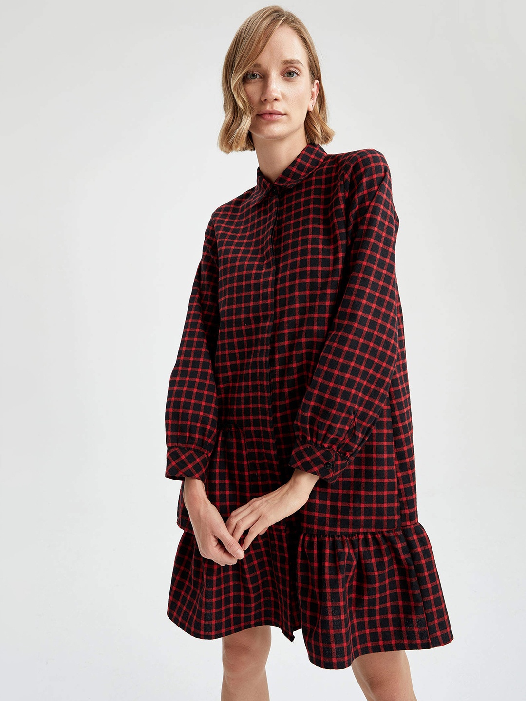 

DeFacto Red & Black Checked A-Line Dress with Ruffles