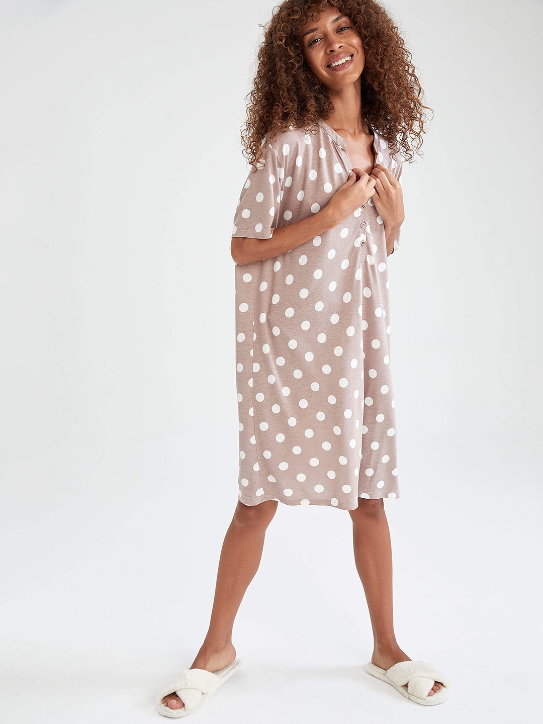 

DeFacto Pink & White Polka Dots Printed A-Line Dress