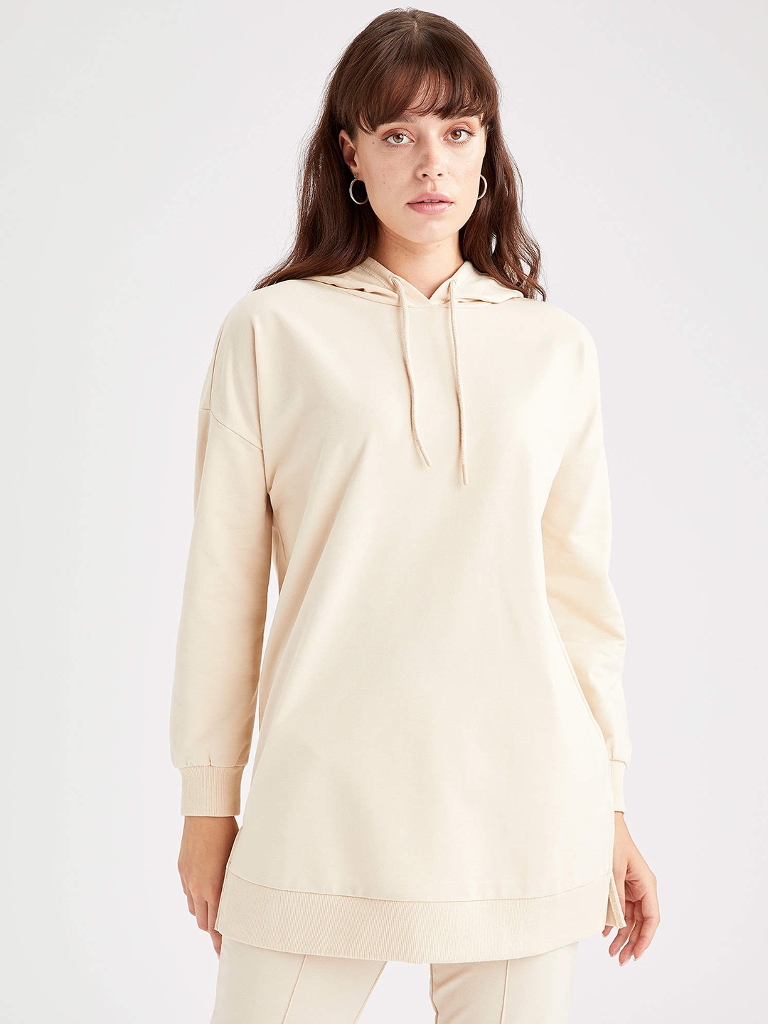 

DeFacto Women Beige Solid Hooded Sweatshirt