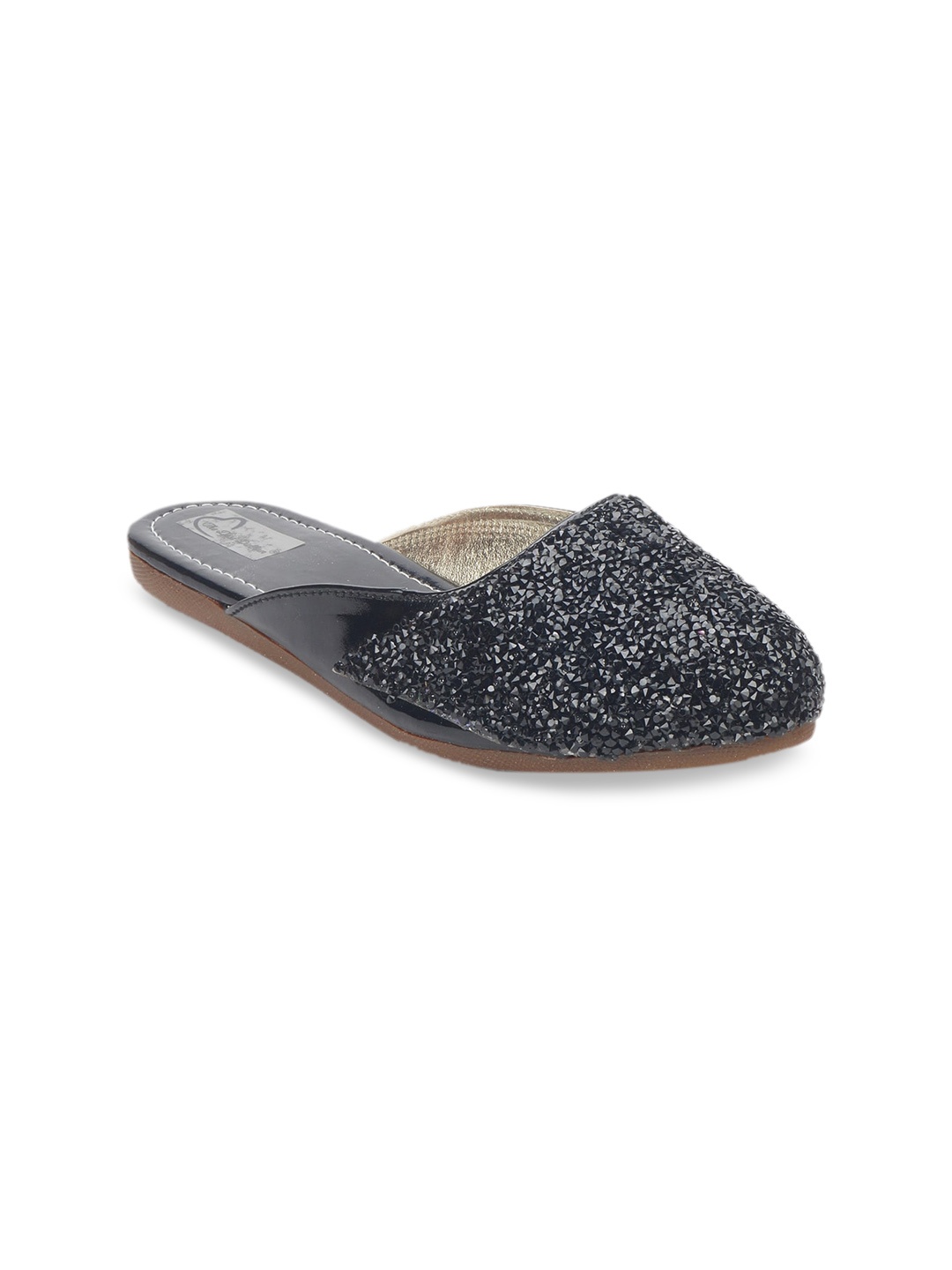 

The Desi Dulhan Women Black Textured Leather Party Mules Flats