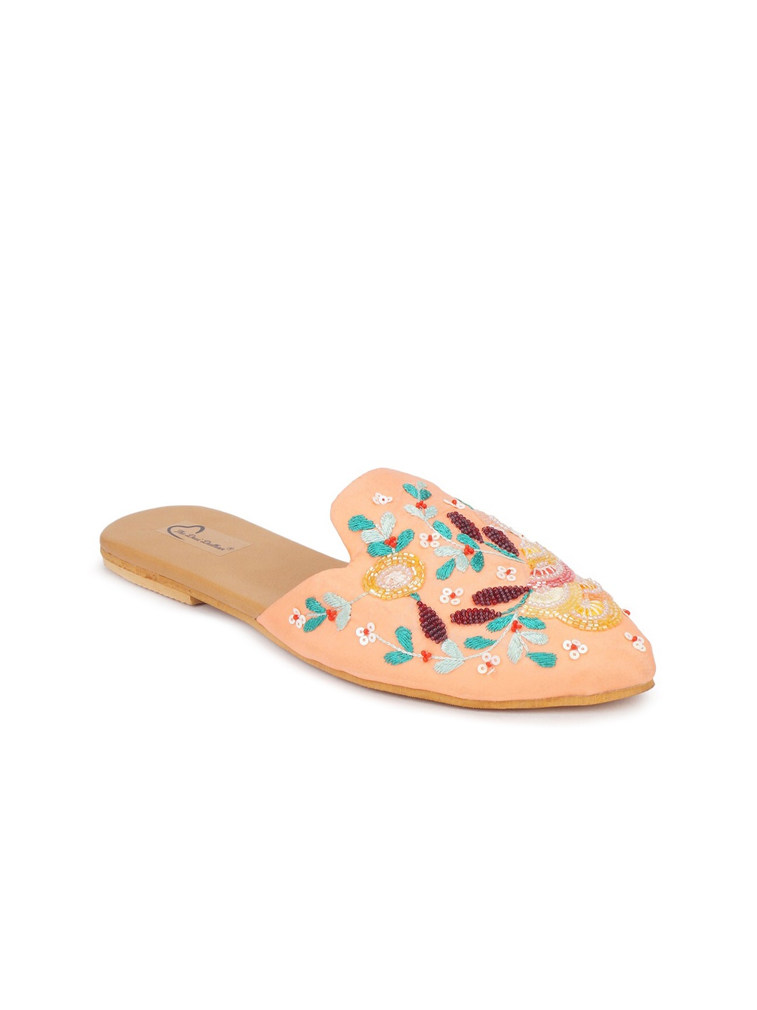 

The Desi Dulhan Women Orange Textured Leather Party Mules with Embroidered Flats