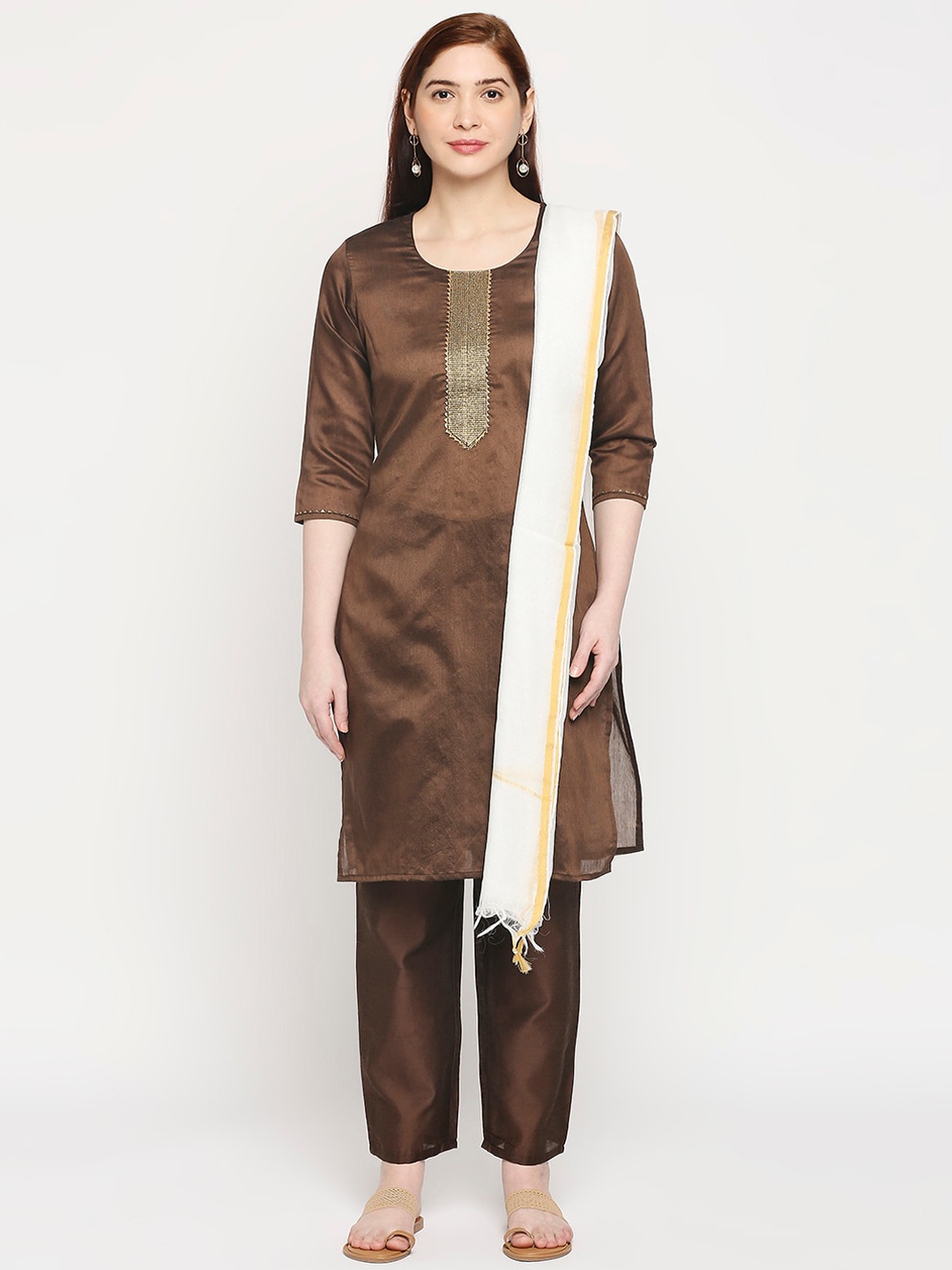 

ZRI Women Brown and White Embroidered Kurta with Trousers & Dupatta