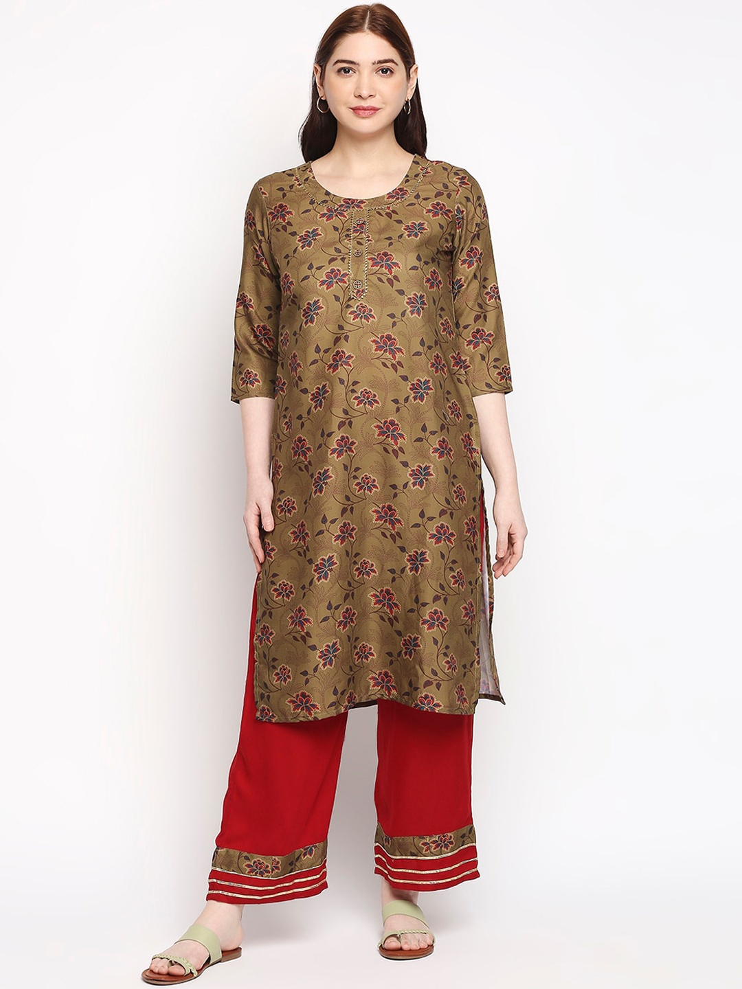 

ZRI Women Olive Green Floral Printed Kurta with Palazzos