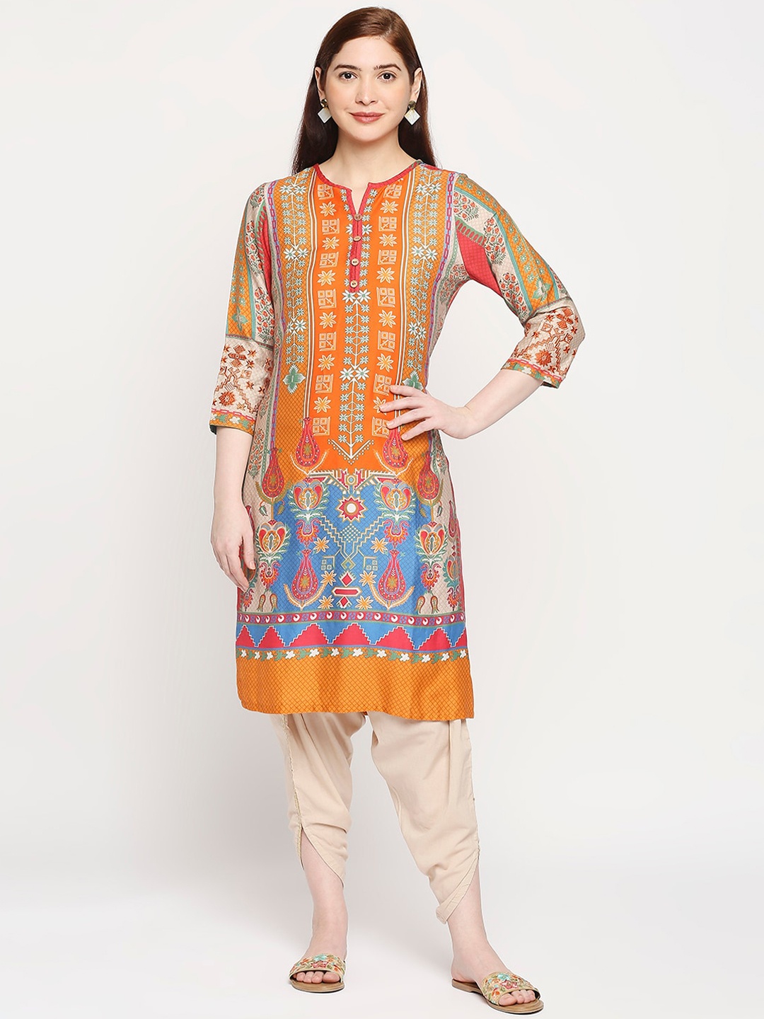 

ZRI Women Orange Ethnic Motifs Printed Kurta with Dhoti Pants