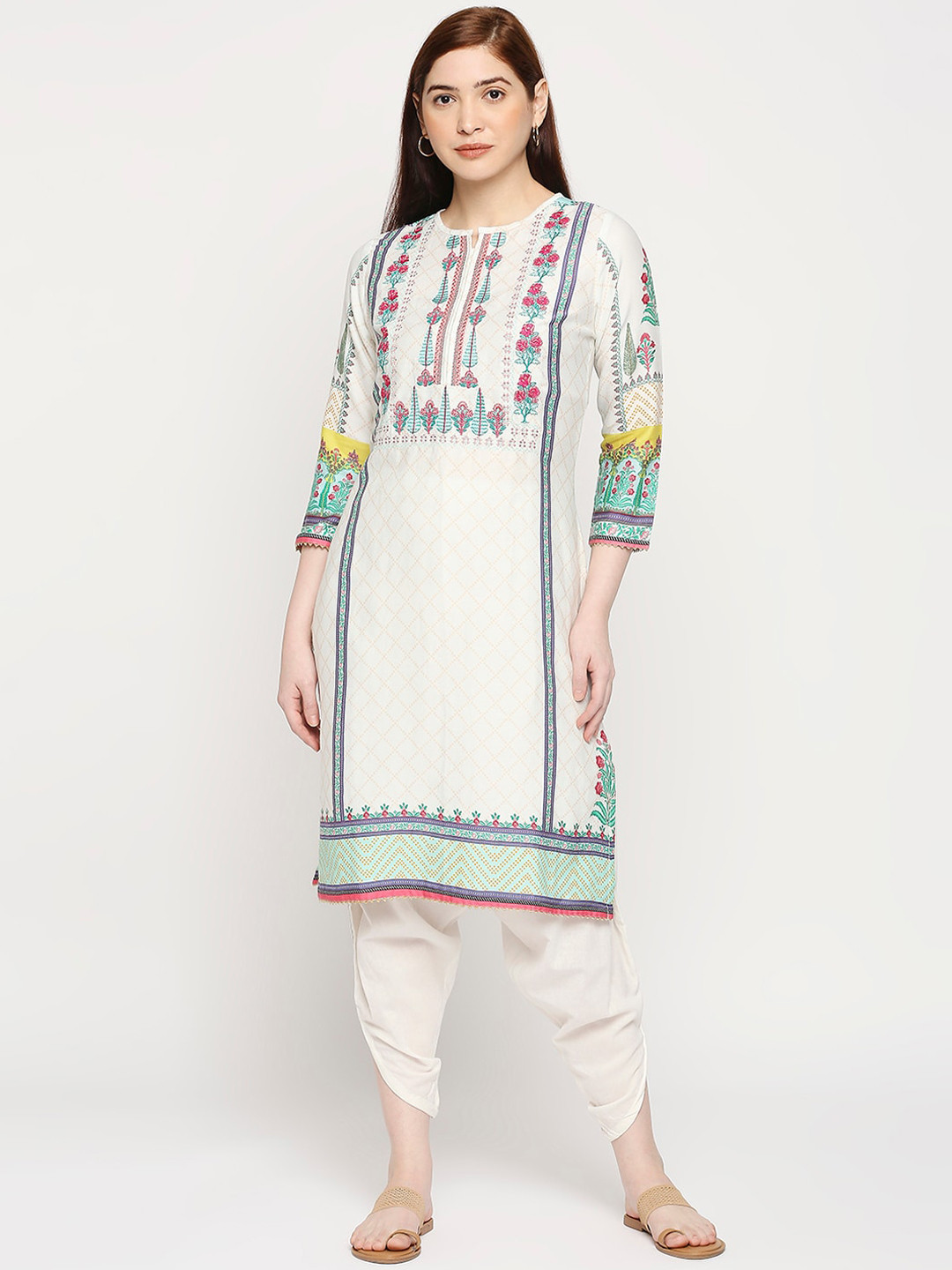 

ZRI Women White Floral Printed Kurta with Dhoti Pants