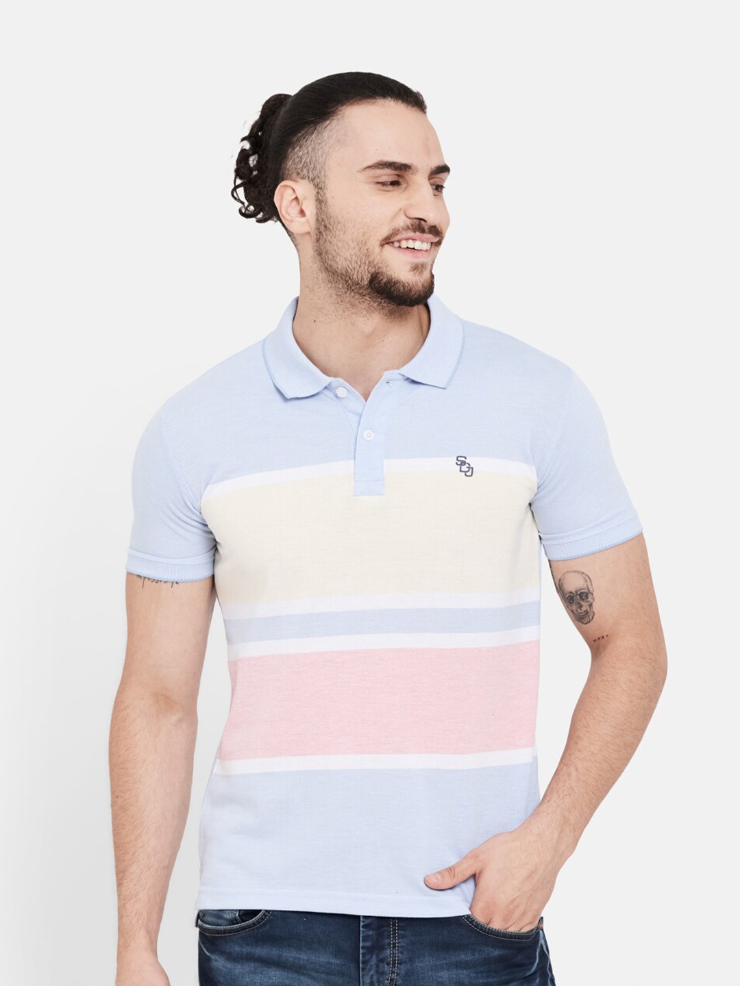 

Duke Men Blue Striped Polo Collar Pockets T-shirt