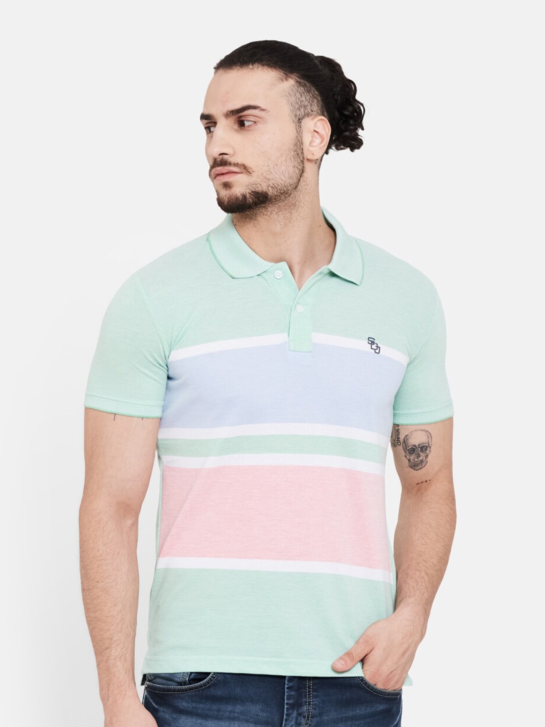 

Duke Men Green Striped Polo Collar Pockets T-shirt