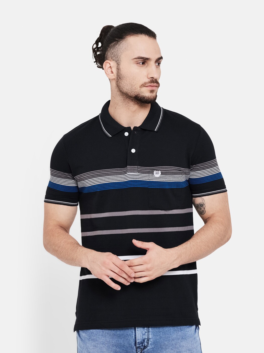 

Duke Men Black Striped Polo Collar Pockets T-shirt