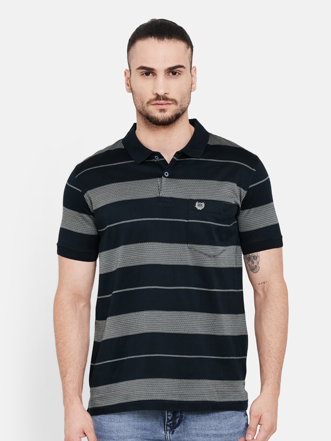 

Duke Men Black Striped Polo Collar Pockets T-shirt