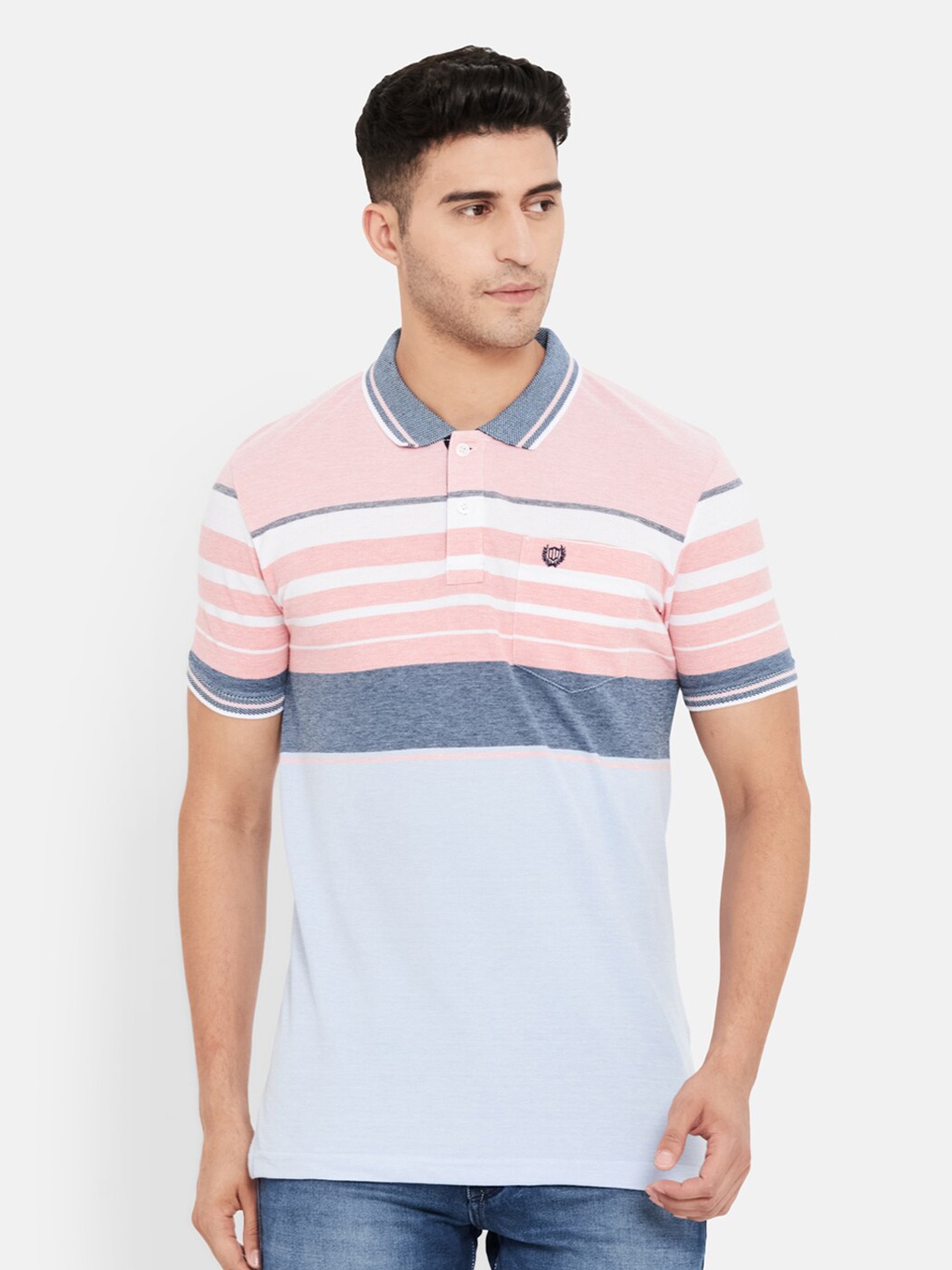 

Duke Men Pink Striped Polo Collar Pockets T-shirt